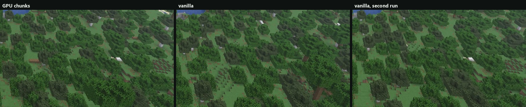 The same forest in three takes: GPU chunks, vanilla, and vanilla again